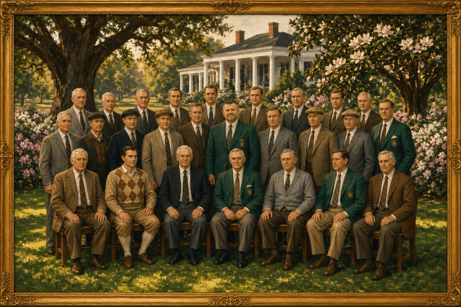 An artistic portrait of a group of gentlemen gathered at a private estate